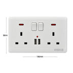Double Wall Plug Socket 2 Gang 13A W 2 Charger USB