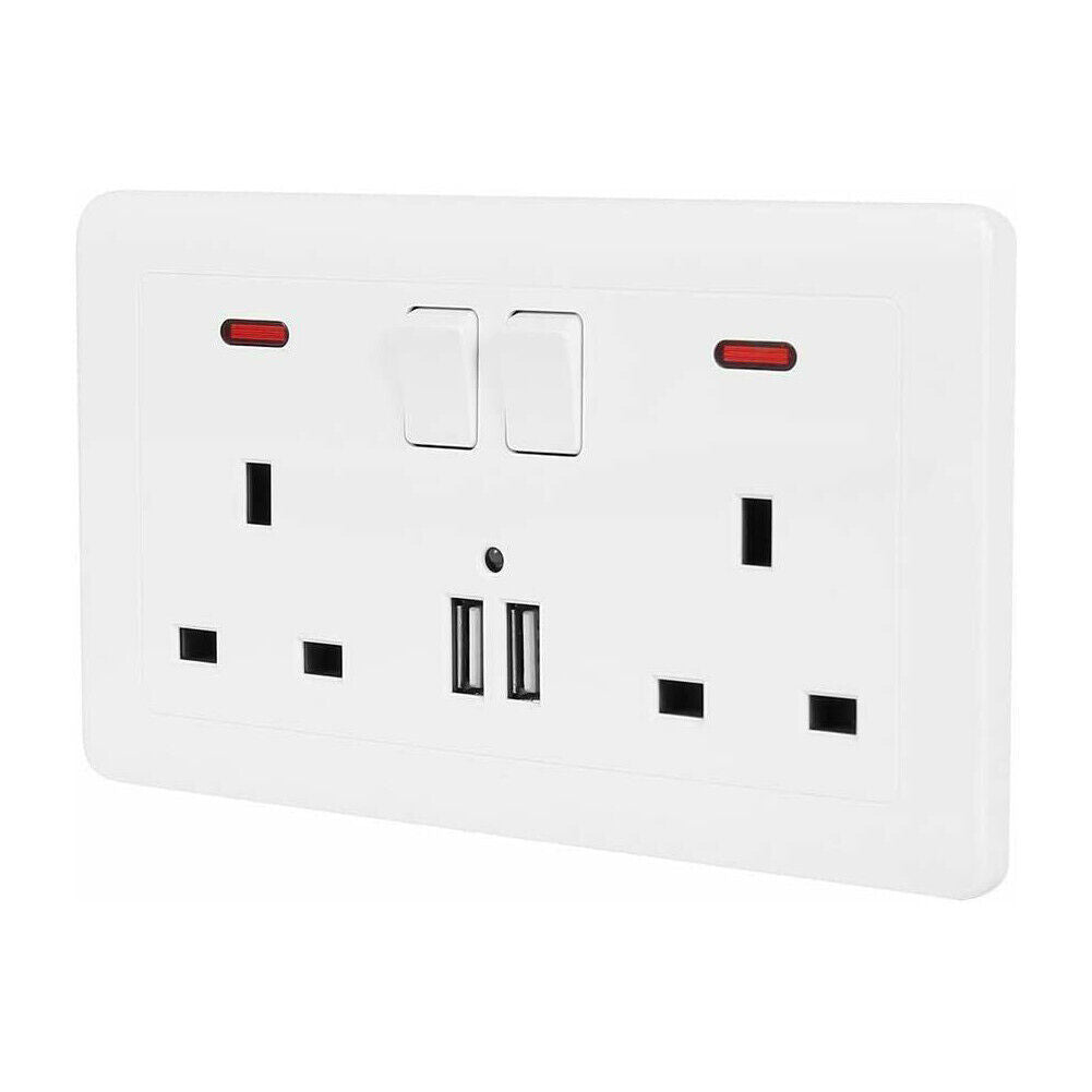 Double Wall Plug Socket 2 Gang 13A W 2 Charger USB