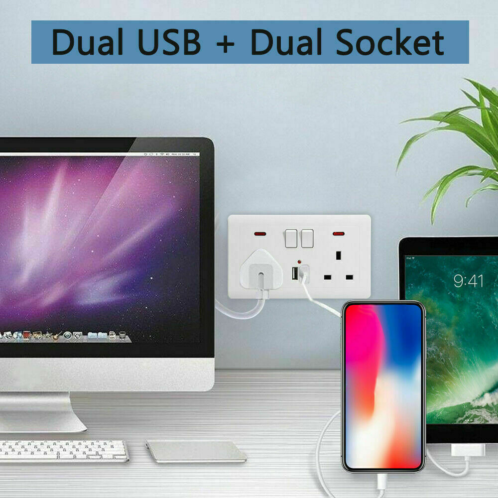 Double Wall Plug Socket 2 Gang 13A W 2 Charger USB