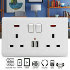 Double Wall Plug Socket 2 Gang 13A W 2 Charger USB