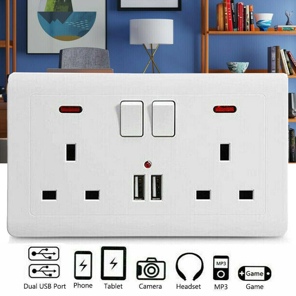 Double Wall Plug Socket 2 Gang 13A W 2 Charger USB