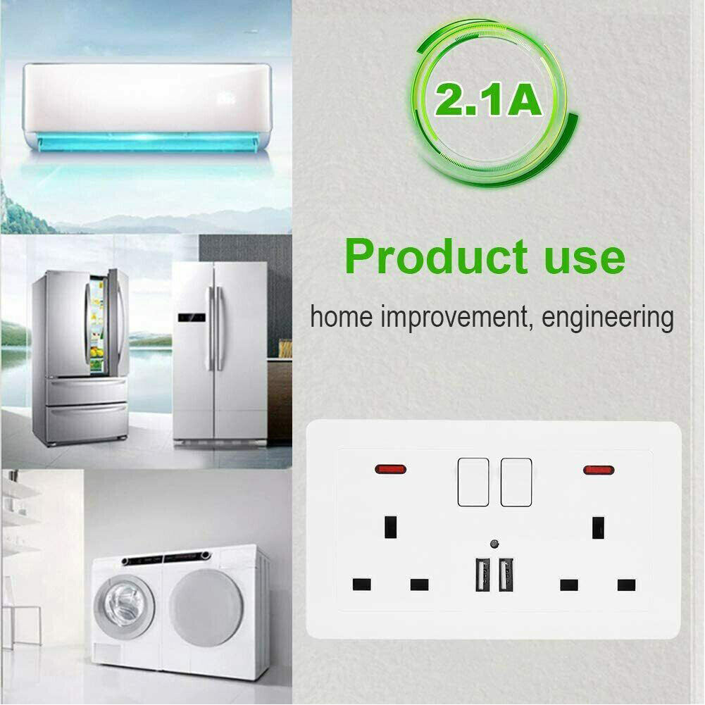 Double Wall Plug Socket 2 Gang 13A W 2 Charger USB