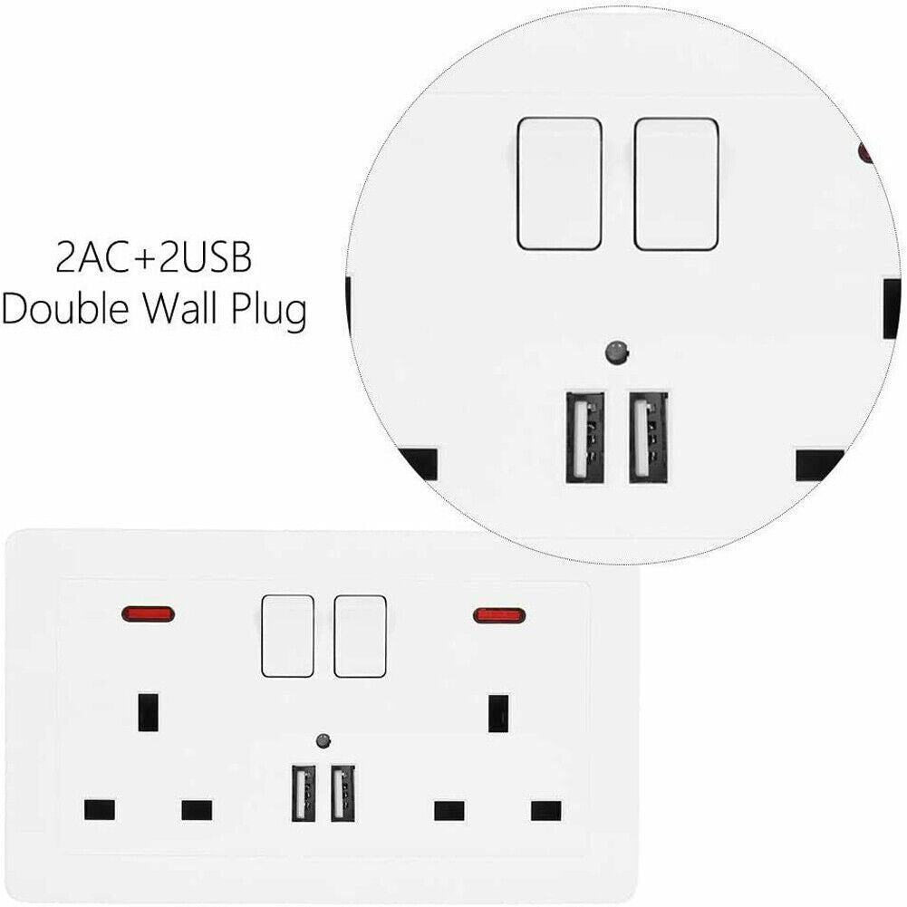 Double Wall Plug Socket 2 Gang 13A W 2 Charger USB